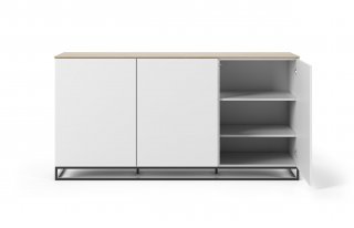 Buffet WHITY blanc mat 180cm 3 portes Plateau chêne clair et pied métallique noir